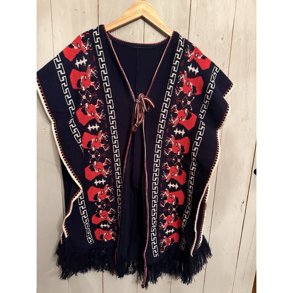 Vintage 70's Knit Poncho Open Front Shawl Native American Cape Navy Red Deer